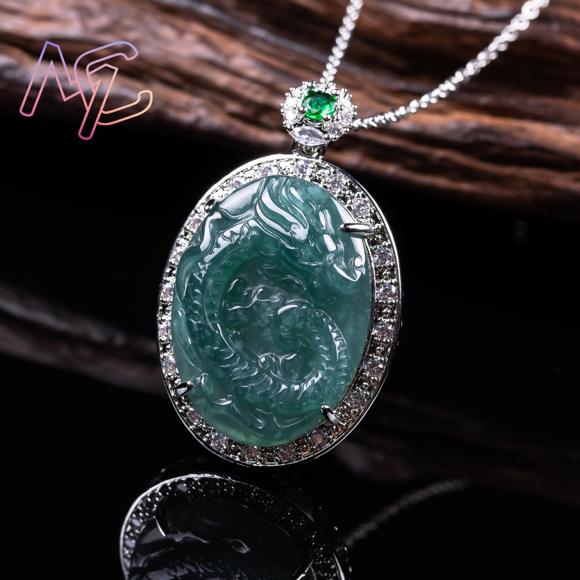 Myanmar Jadeite Dragon Pendant - 925 Sterling Silver Chain Necklace Men 评论和价格